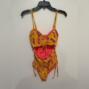 Aerie Yellow and Pink One Piece Swimsuit with Cut-Out Details